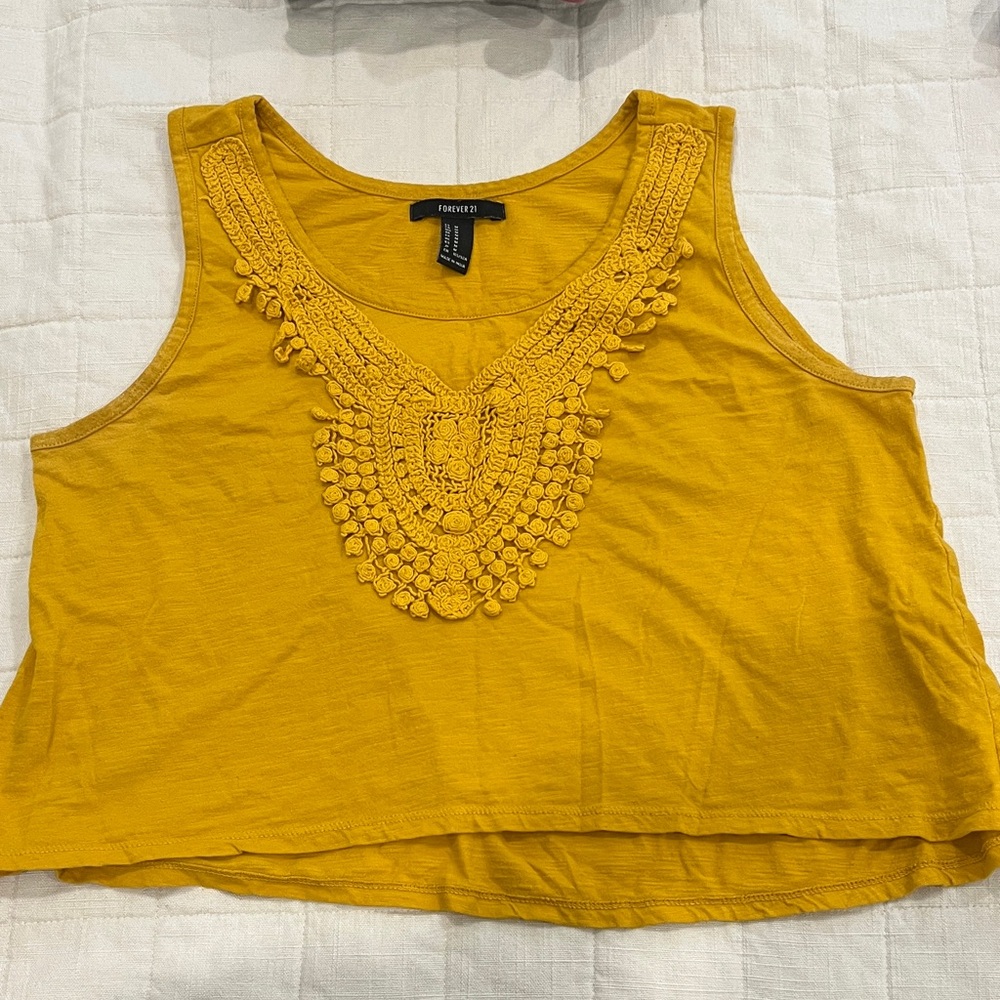 Forever 21 Yellow Embroidered Crop Top